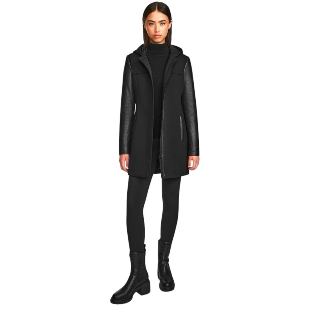 Danier Sz XS Black wool-blend lined coat with leather sleeves